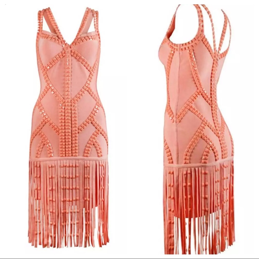 STUDDED FRINGE BANDAGE DRESS ORANGE